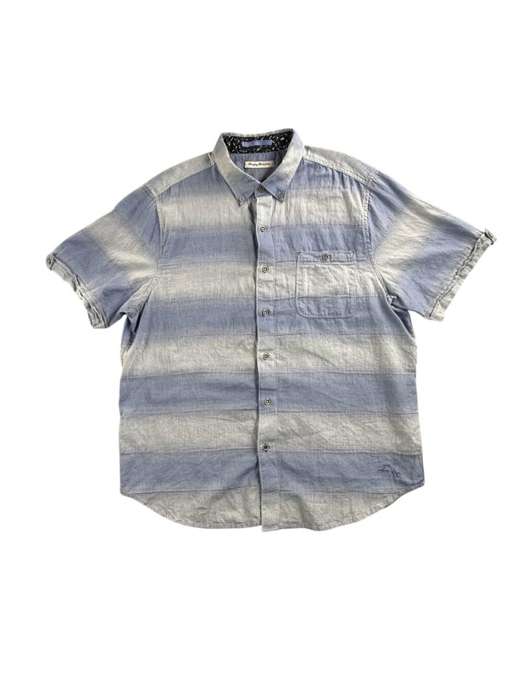Tommy Bahama Shirt Mens Large Blue Stripe Button Down Short Sleeve Cotton Ombre